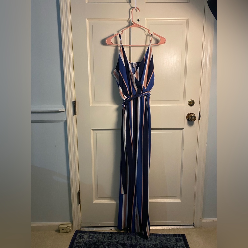 Pink and blue striped jumpsuit J for Justify